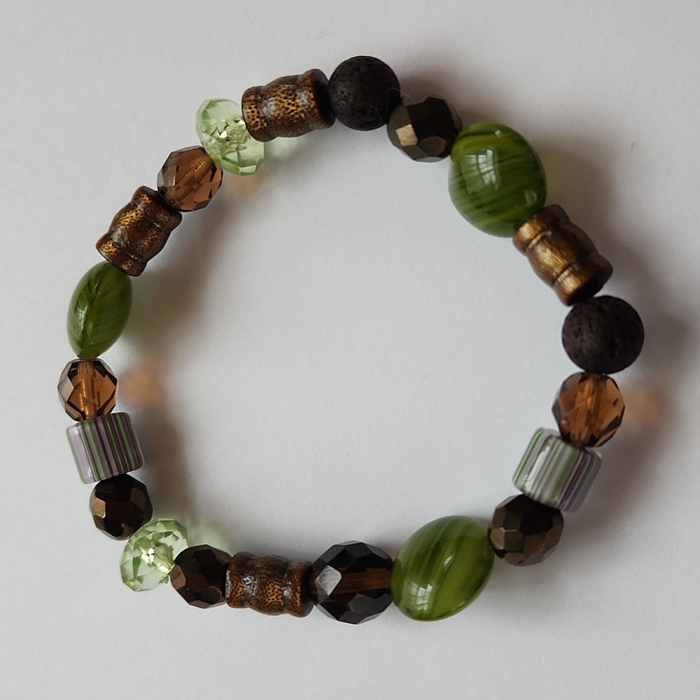 Handmade Bead Stretch Bracelet In Green And Brown
